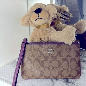 Coach Wrist Wallet, tan & purple, clean inside one callout broken zipper.